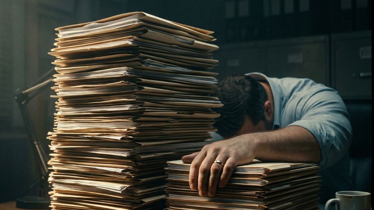 An overwhelmed, heavy-set man sits face-down at a desk behind towering stacks of files in a dimly lit office.