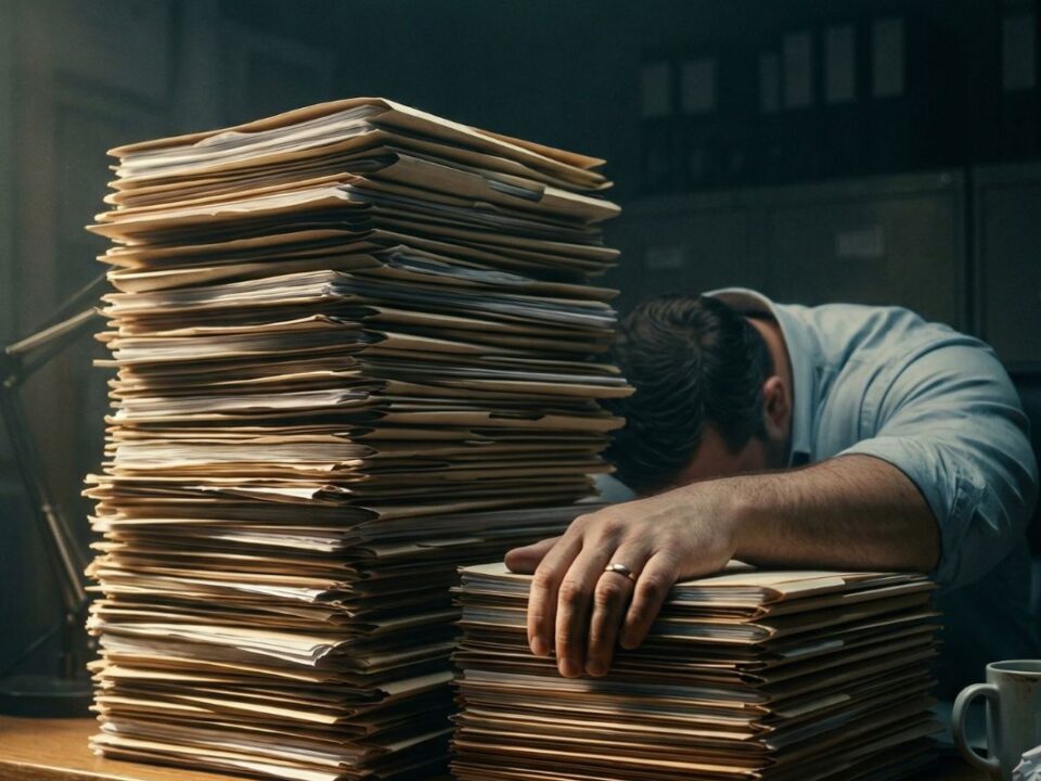 An overwhelmed, heavy-set man sits face-down at a desk behind towering stacks of files in a dimly lit office.