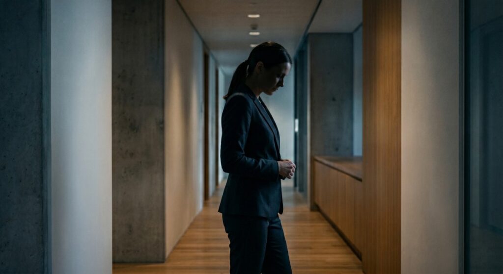 A professional woman in a dark business suit standing in a dimly lit office hallway, looking down with a somber expression to represent the emotional impact of workplace discrimination and retaliation.