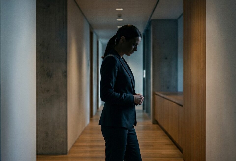 A professional woman in a dark business suit standing in a dimly lit office hallway, looking down with a somber expression to represent the emotional impact of workplace discrimination and retaliation.