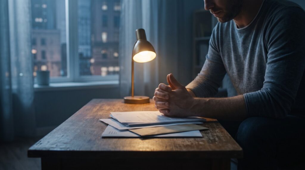dejected male, alone at a desk with documents