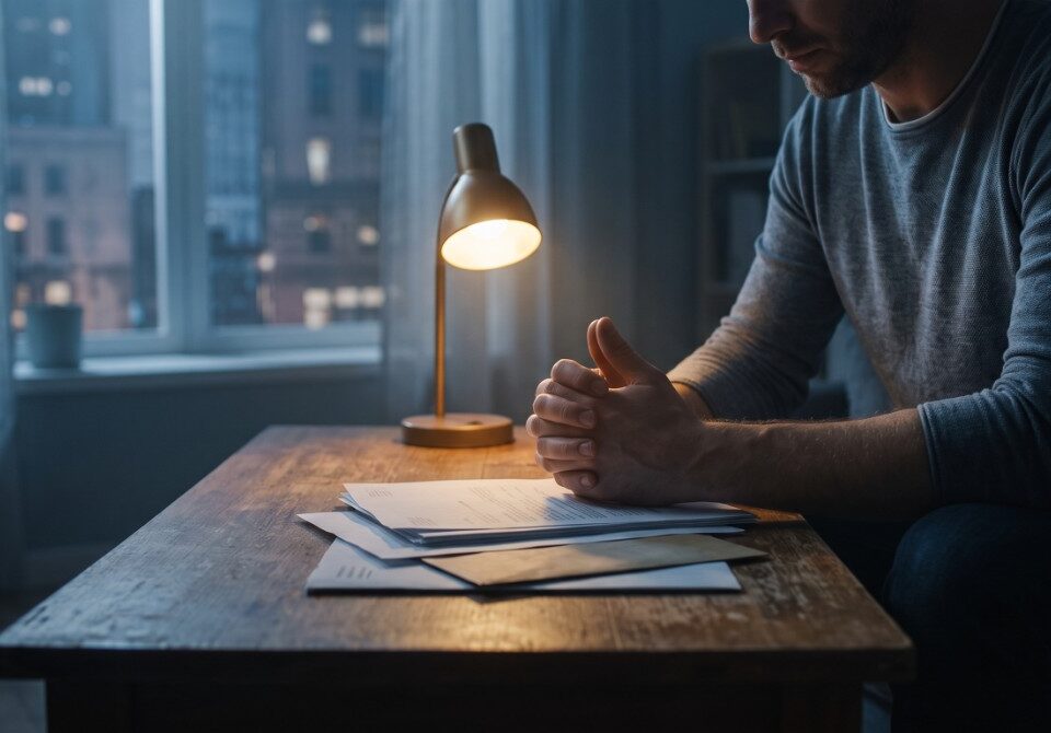dejected male, alone at a desk with documents