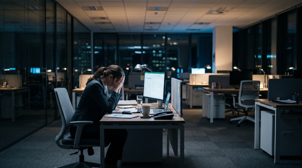 female worker alone at her desk in a darkend office at night